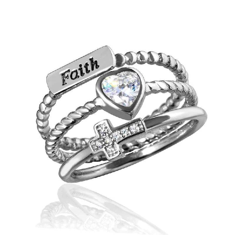 ladies ring summer sun motif-Silver 925 Rhodium Plated Triple Band Faith Heart Cross Ring with CZ - STR01059