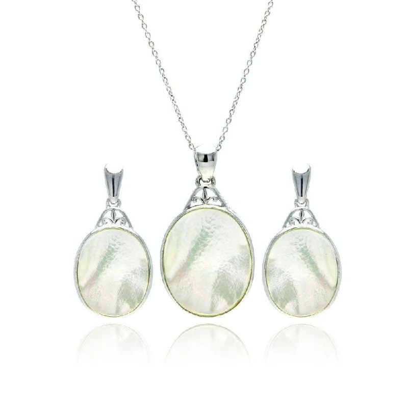 ladies-delicate-earrings-Clearance-Silver 925 Rhodium Plated White Oval Mother of Pearl CZ Dangling Stud Earring and Necklace Set - STS00370