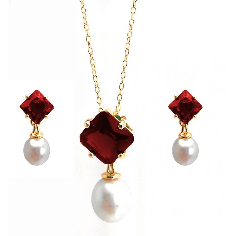 ladies-birthstone-pearl-earrings-Silver 925 Gold Plated Pearl Drop Diamond Shaped Red CZ Dangling Stud Earring and Dangling Necklace Set - BGS00432RED