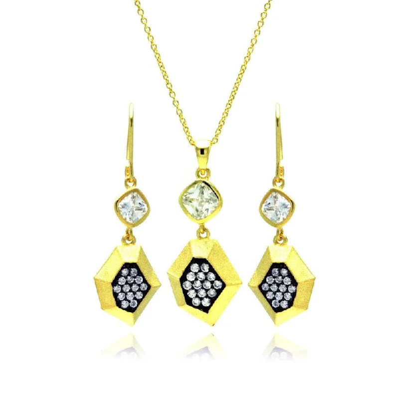 ladies-drop-gold-earrings-Silver 925 Gold Plated Black CZ Dangling Stud Earring and Necklace Set - STS00382