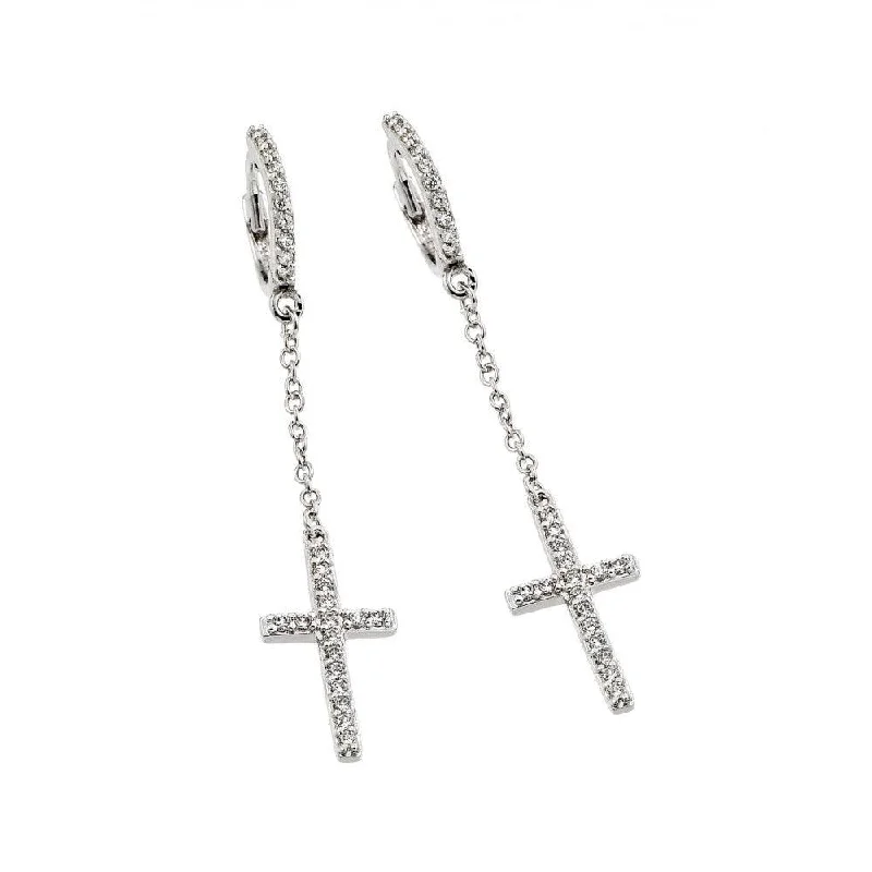 ladies-diamond-earrings-Silver 925 Rhodium Plated Round Cross Clear CZ Wire Dangling huggie hoop Earrings - BGE00375