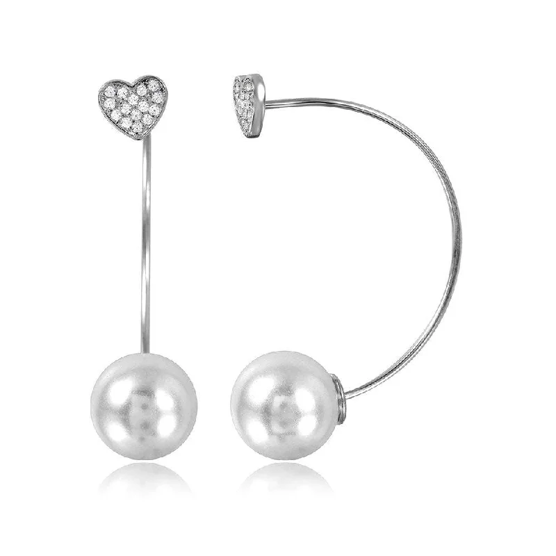 ladies-beaded-rose-gold-earrings-Silver 925 Rhodium Plated Heart Earring with Hangings Synthetic Pearl - STE01049