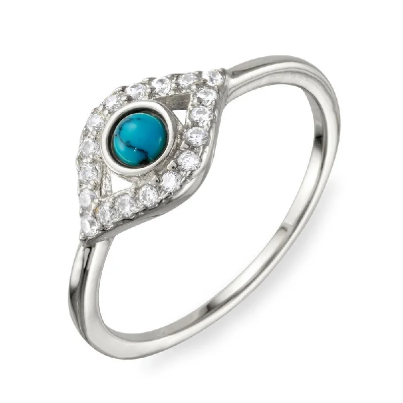 ladies ring vibrant peridot-Rhodium Plated 925 Sterling Silver Evil Eye CZ Ring with Turquoise Bead - BGR01109RH