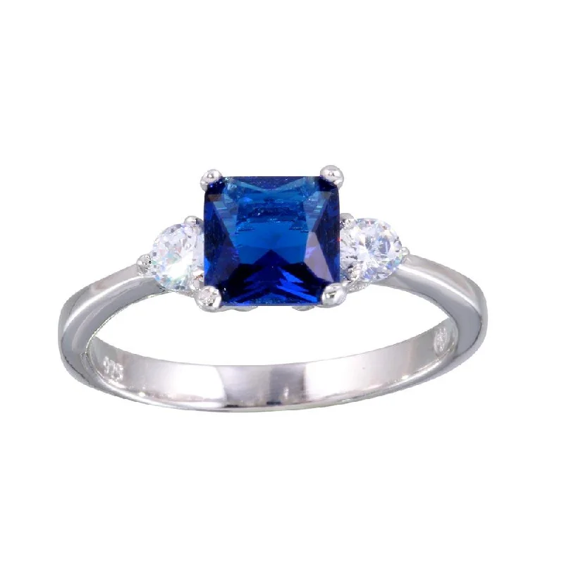 ladies ring celestial starburst-Rhodium Plated 925 Sterling Silver Blue CZ Center Stone Ring - BGR01138BLU