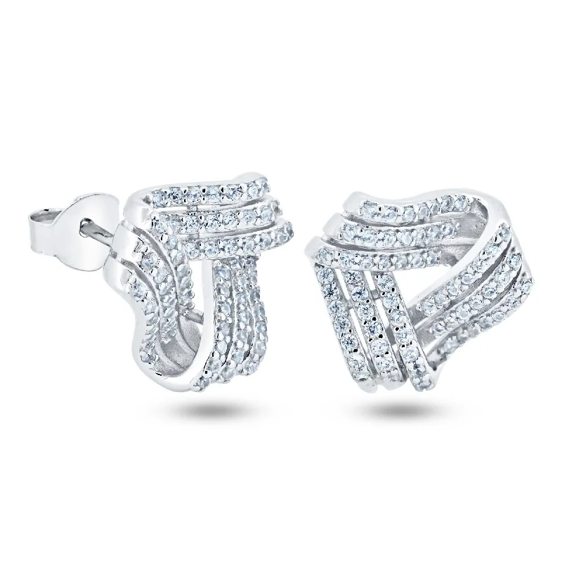 ladies-birthstone-hoop-earrings-Rhodium Plated 925 Sterling Silver 3 Layer Knot CZ Stud Earrings - BGE00743