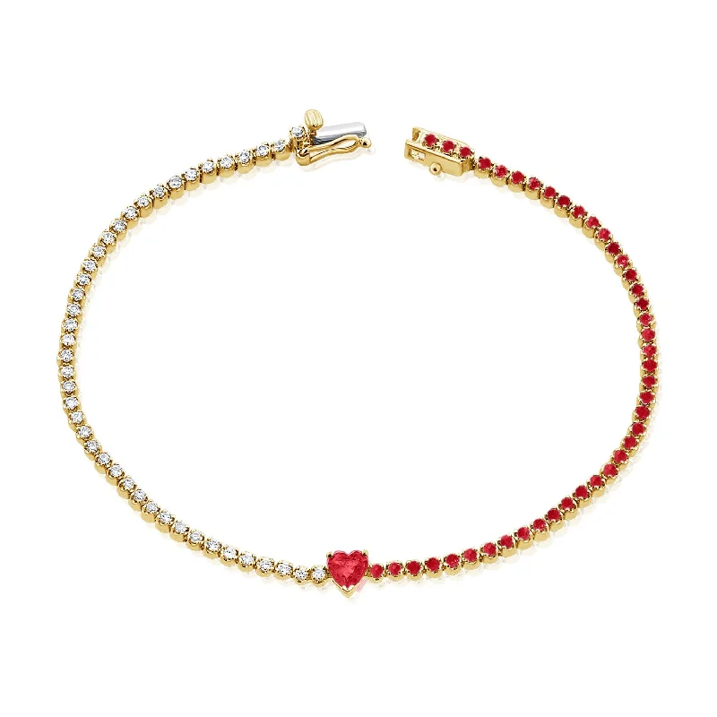 Ladies bracelets with fish charms -Captivating 14K Gold Ruby Heart and Diamond Tennis Bracelet