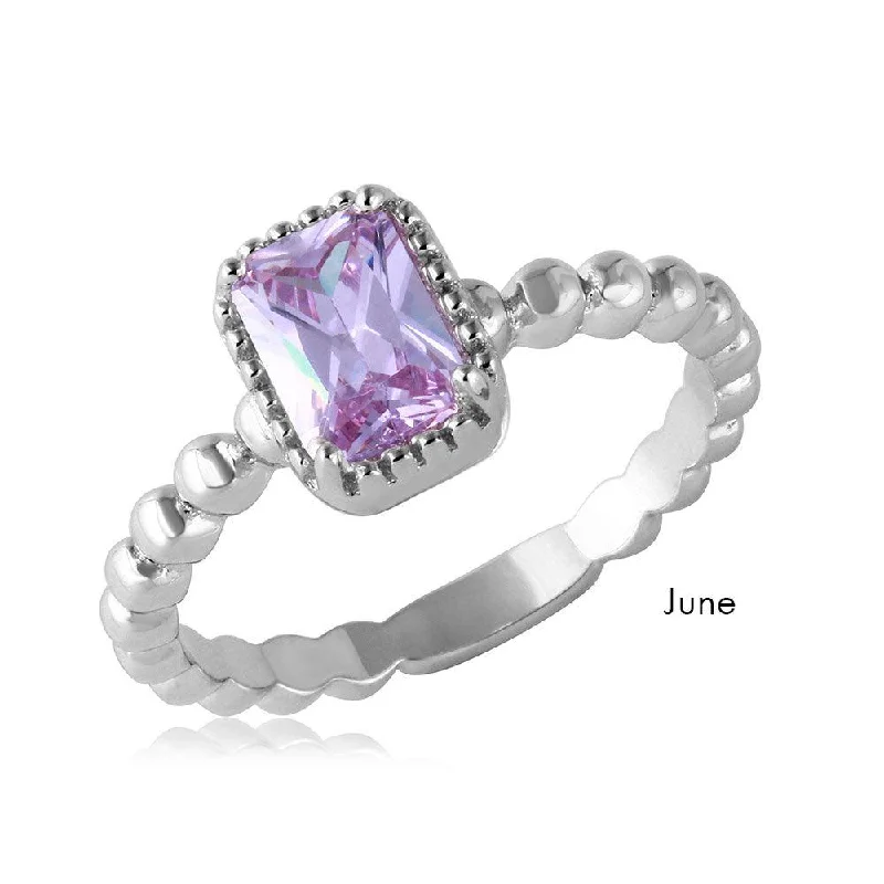 ladies ring luminous halo design-June Sterling Silver 925 Rhodium Plated Beaded Shank Square Center Birthstone Ring - BGR01081JUN