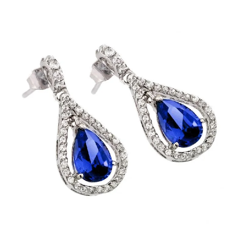 ladies-gemstone-gold-earrings-Silver 925 Rhodium Plated Channel Blue Teardrop CZ Dangling Stud Earrings - BGE00366B