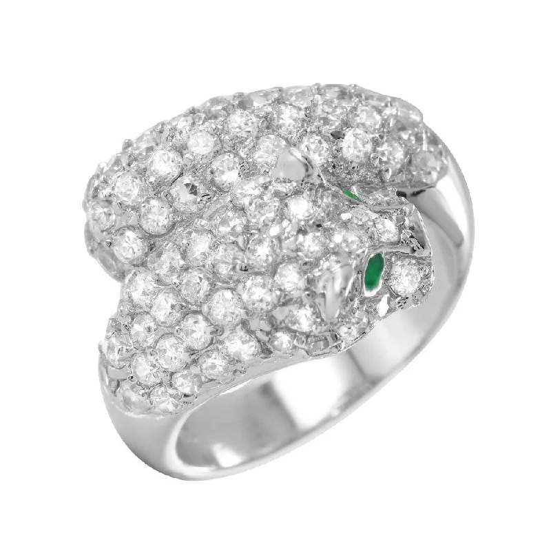 ladies ring floral petal design-Silver 925 Rhodium Plated Green and Clear Pave Set CZ Jaguar Ring - BGR00006