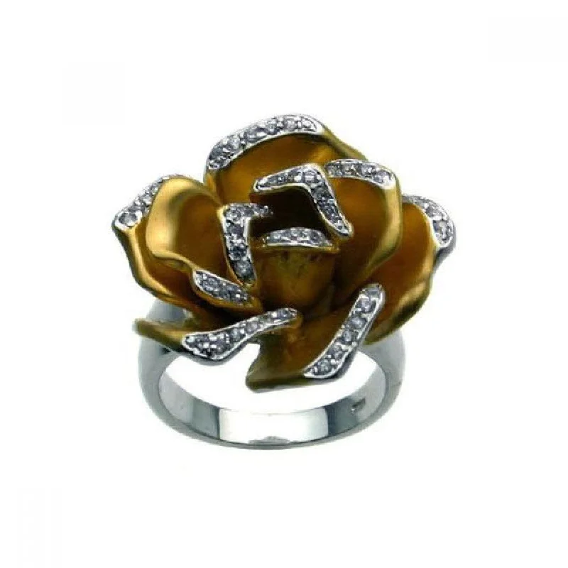 ladies ring graceful wave pattern-Clearance-Silver 925 Rhodium and Gold Plated 2 Toned Clear CZ Flower Ring - BGR00223