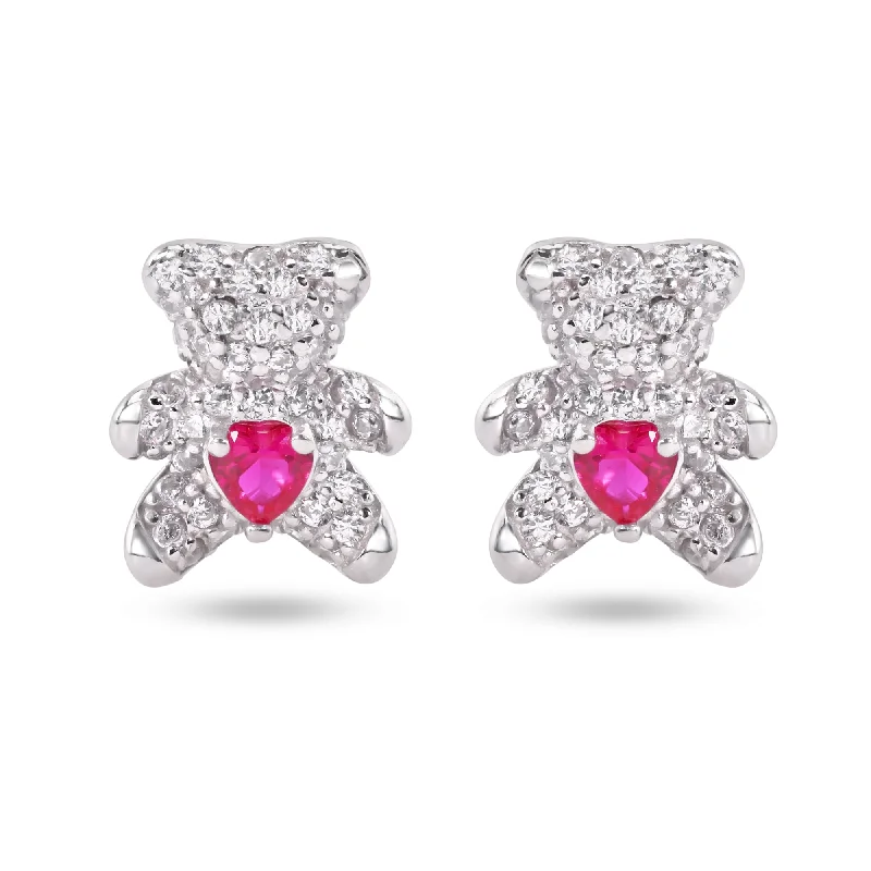 ladies-beaded-diamond-earrings-Sterling Silver Rhodium Plated Bear Heart Clear and Red CZ Stud Earrings - STE01377