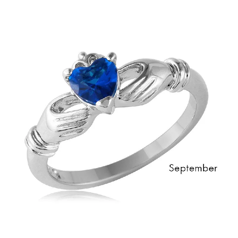 ladies ring tarnished white gold-September Sterling 925 Silver Rhodium Plated CZ Center Birthstone Claddagh Ring - BGR01083SEP