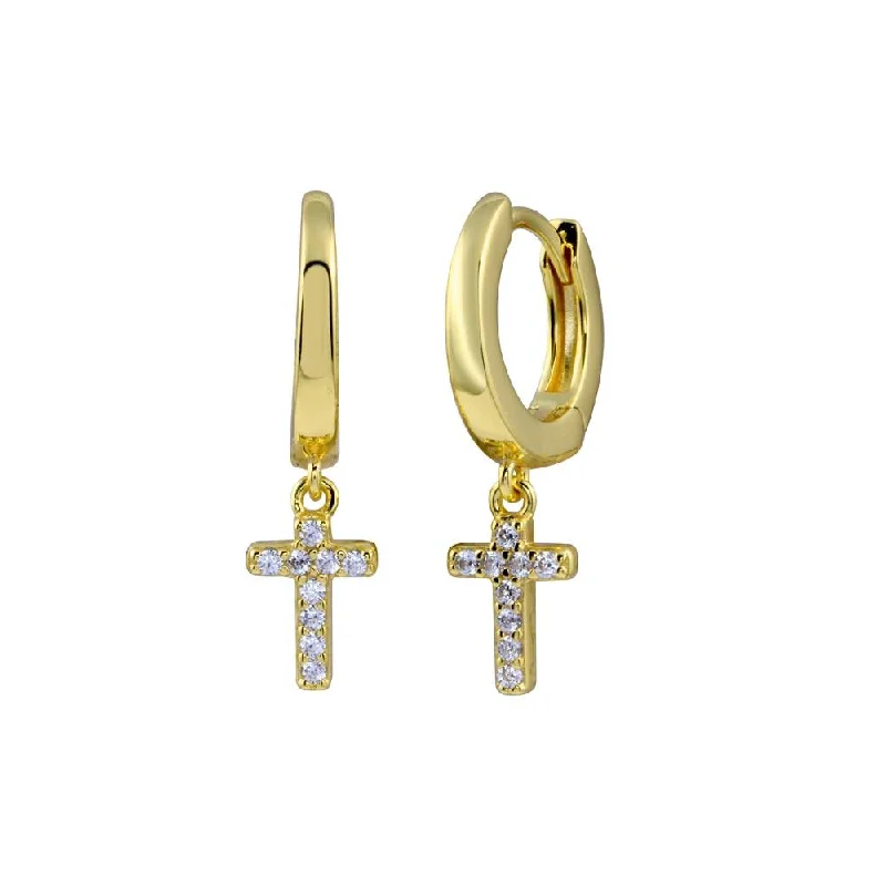 ladies-gemstone-rose-gold-earrings-Gold Plated 925 Sterling Silver CZ huggie hoop Cross Earring - STE01279GP