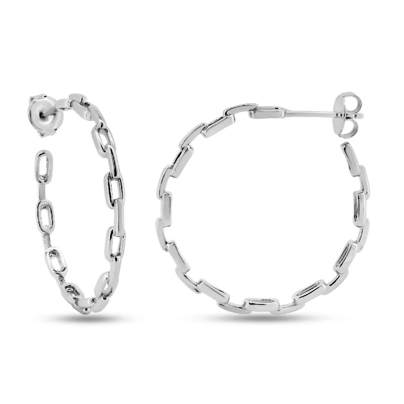 ladies-delicate-gold-earrings-Rhodium Plated 925 Sterling Silver Link Design Semi Hoop Earrings - GME00127