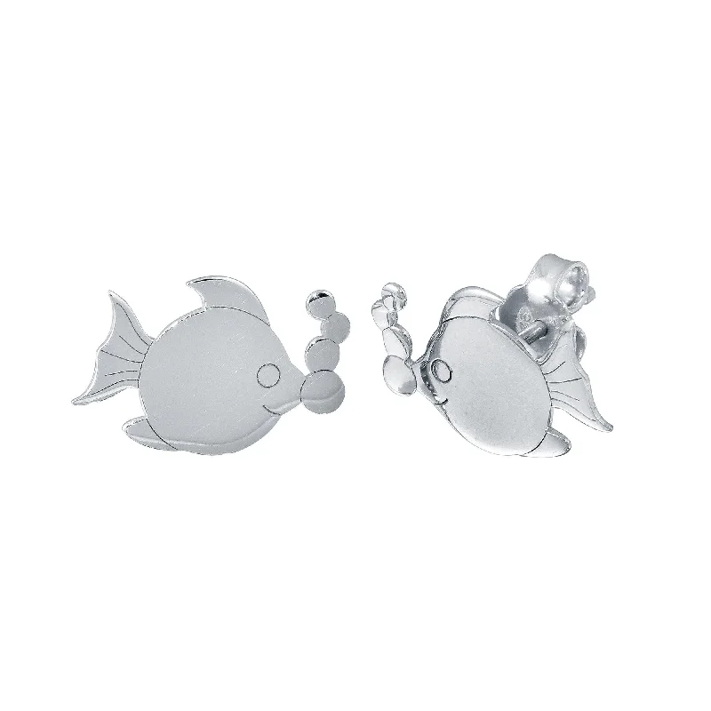 ladies-wedding-earrings-Rhodium Plated 925 Sterling Silver Bubble Fish Stud Earrings - SOE00033