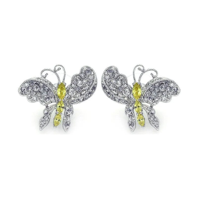 ladies-fashion-diamond-earrings-Clearance-Silver 925 Rhodium Plated Yellow CZ Butterfly Stud Earrings - BGE00132