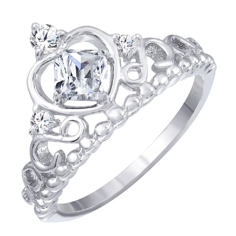 ladies ring zodiac inspired-Rhodium Plated 925 Sterling Silver Crown Ring with Clear CZ - BGR01168CLR