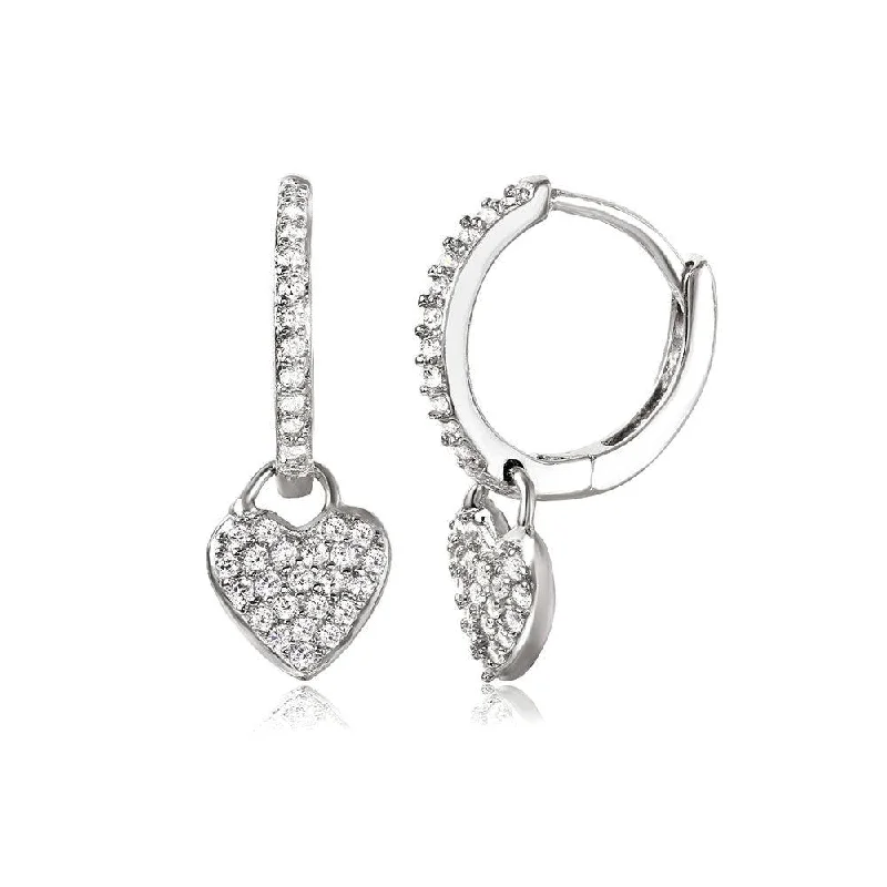 ladies-charm-diamond-earrings-Silver 925 Rhodium Plated Hoop with Hanging Heart Earrings - STE01042