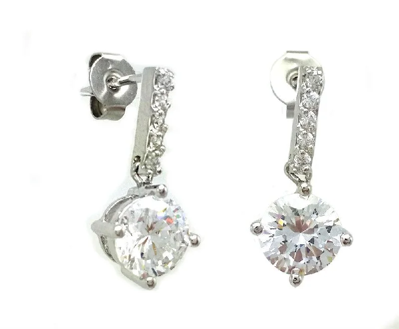 ladies-gemstone-heart-earrings-Silver 925 Rhodium Plated Channel Round CZ Dangling Stud Earrings - BGE00403