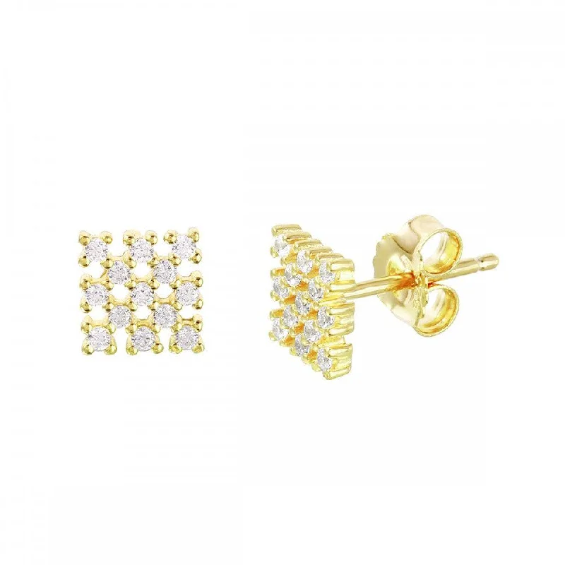 ladies-beaded-rose-gold-earrings-Silver 925 Gold Plated Small Square Checkered CZ Stud Earrings - ACE00078GP