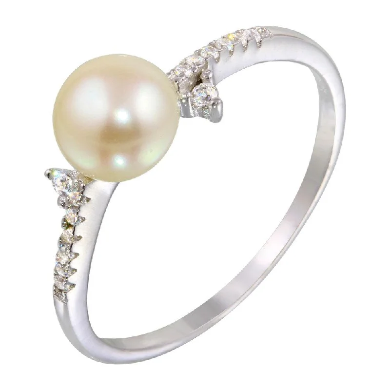 ladies ring feather silhouette-Rhodium Plated 925 Sterling Silver White Pearl Ring with CZ - BGR01142