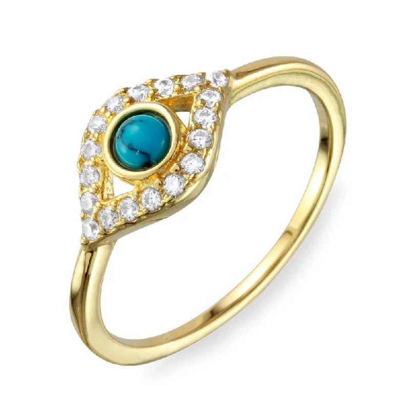 ladies ring custom infinity symbol-Gold Plated 925 Sterling Silver Evil Eye CZ Ring with Turquoise Bead - BGR01109GP