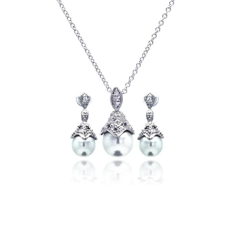 ladies-dangle-pearl-earrings-Silver 925 Rhodium Plated Pearl Drop Clear CZ Dangling Stud Earring and Necklace Set - BGS00212