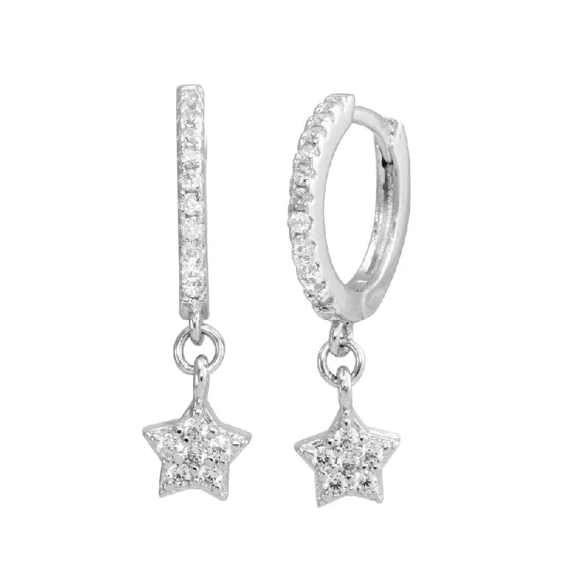 ladies-gift-heart-earrings-Rhodium Plated 925 Sterling Silver Dangling CZ Star huggie hoop Earrings - STE01213