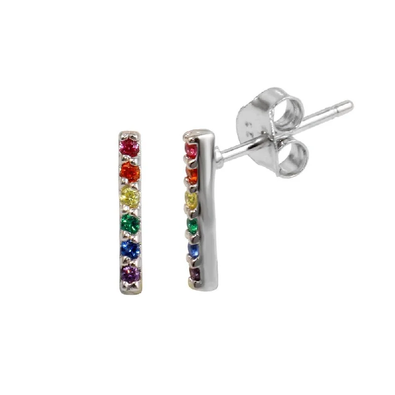 ladies-modern-diamond-earrings-Rhodium Plated 925 Sterling Silver Rainbow Bar Stud Earrings - BGE00609