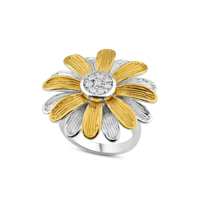 ladies ring tropical palm detail-Clearance-Silver 925 Rhodium and Gold Plated Clear CZ Daisy Flower Ring - BGR00126