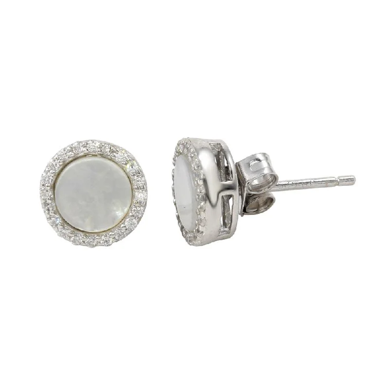 ladies-drop-earrings-Rhodium Plated 925 Sterling Silver Round Opal Stud Earrings with Clear CZ Stones - STE01125CLR