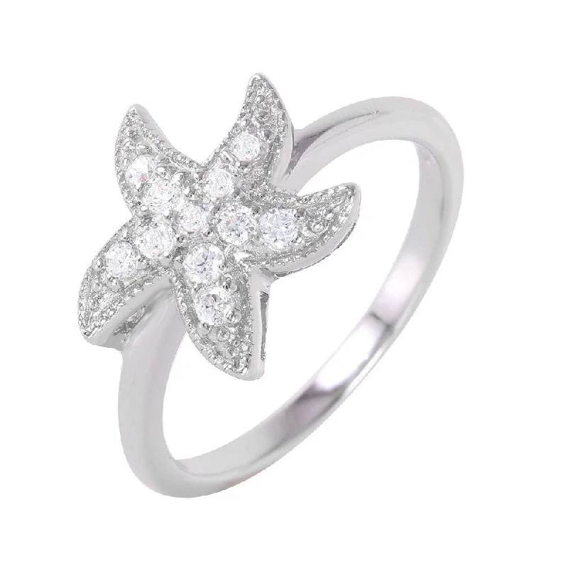 ladies ring cyber monday exclusive-Silver 925 Rhodium Plated Clear Pave Set CZ Starfish Ring - BGR00937