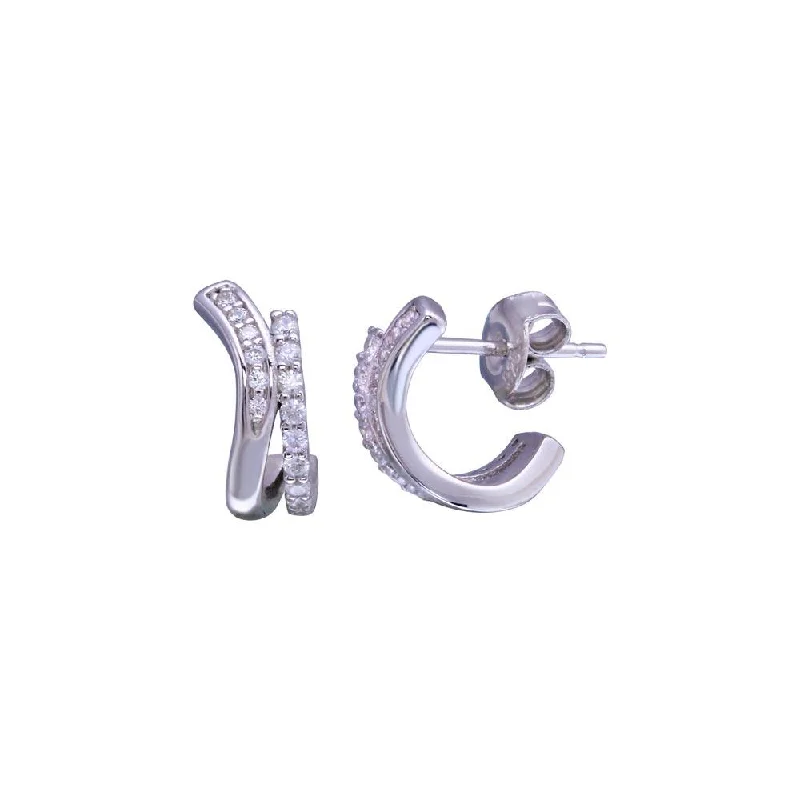 ladies-modern-pearl-earrings-Rhodium Plated 925 Sterling Silver 2 Line Wave Semi huggie hoop CZ Stud Earring - STE01276