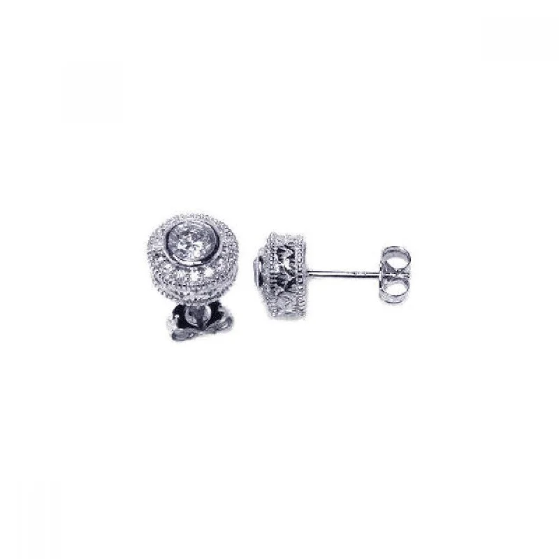 ladies-dangle-pearl-earrings-Silver 925 Rhodium Plated Micro Pave Clear Round Inlay CZ Stud Post Earrings - ACE00021