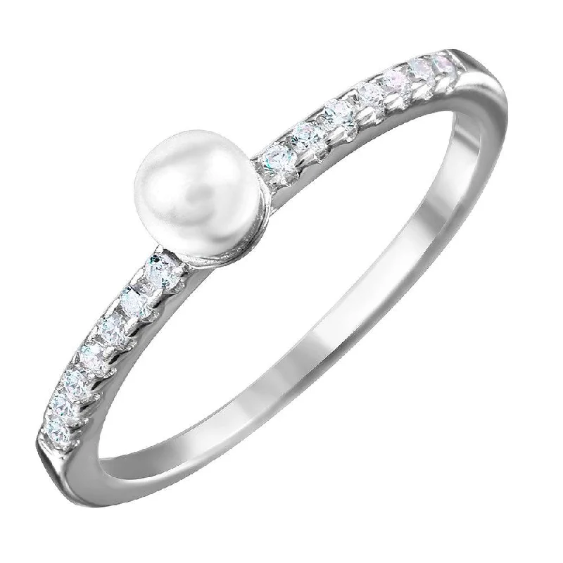 ladies ring smooth moissanite-Silver 925 Rhodium Plated Synthetic Center Pearl Ring with Cubic Zirconia Stones - BGR01037