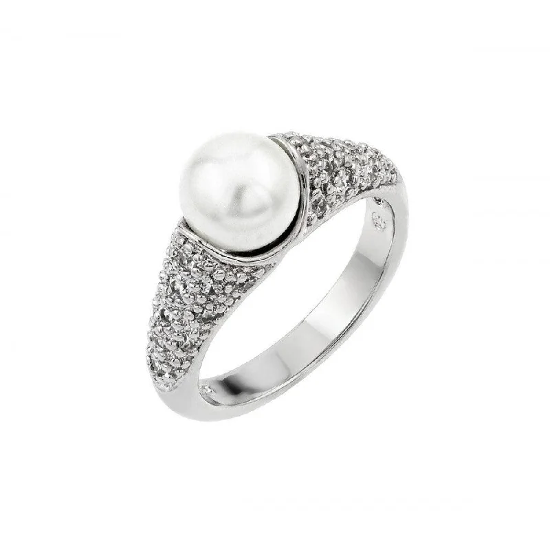 ladies ring name engraved band-Silver 925 Rhodium Plated Synthetic Pearl Ring - BGR00845