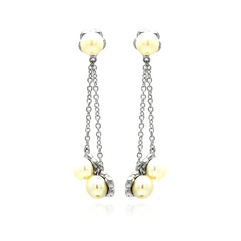 ladies-short-silver-earrings-Silver 925 Rhodium Plated Fresh Water Pearl Wire Dangling Stud Earrings - BGE00234