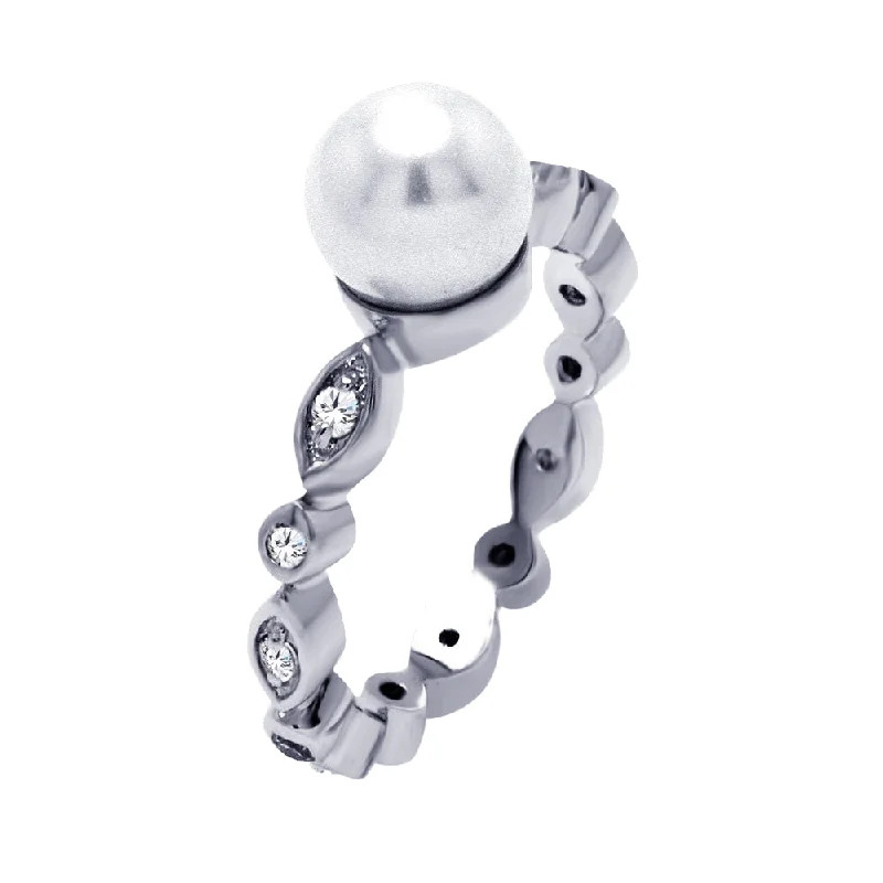 ladies ring matte moissanite-Silver 925 Rhodium Plated Clear CZ Pearl Center Ring - BGR00386