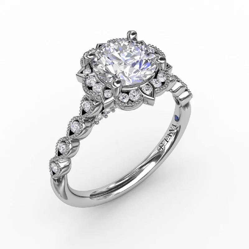 engagement-white-gold-halo-ring-Round Diamond Engagement With Floral Halo and Milgrain Details