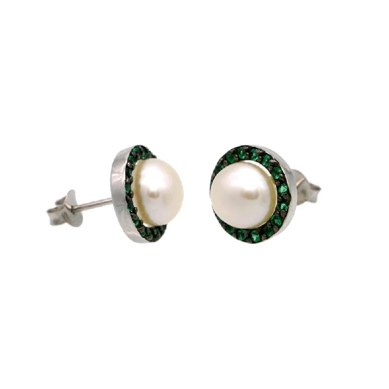 ladies-birthstone-gold-earrings-Rhodium Plated 925 Sterling Silver Halo Synthetic Mother of Pearl Stud Earring with Green CZ - BGE00652GRN