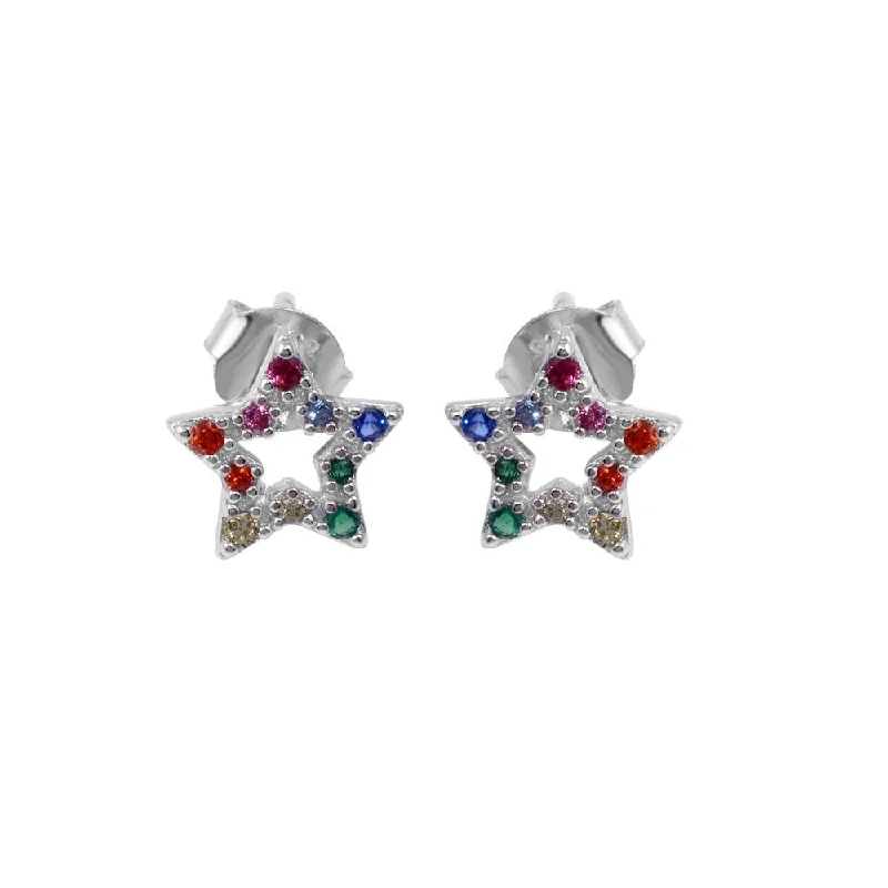 ladies-party-gold-earrings-Rhodium Plated 925 Sterling Silver Rainbow CZ Stud Earrings - BGE00606