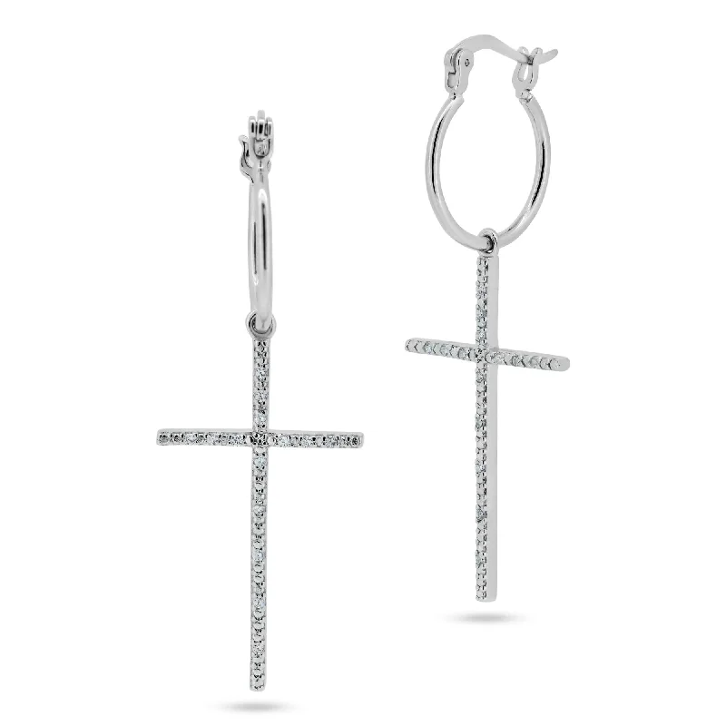 ladies-birthstone-pearl-earrings-Rhodium Plated 925 Sterling Silver Cross CZ Dangling hoop Earring - STE01357