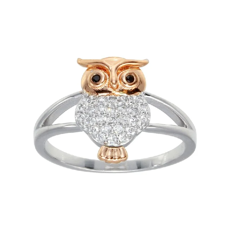 ladies ring winter snowflake-Two-Tone 925 Sterling Silver CZ Owl Ring - GMR00299RHR