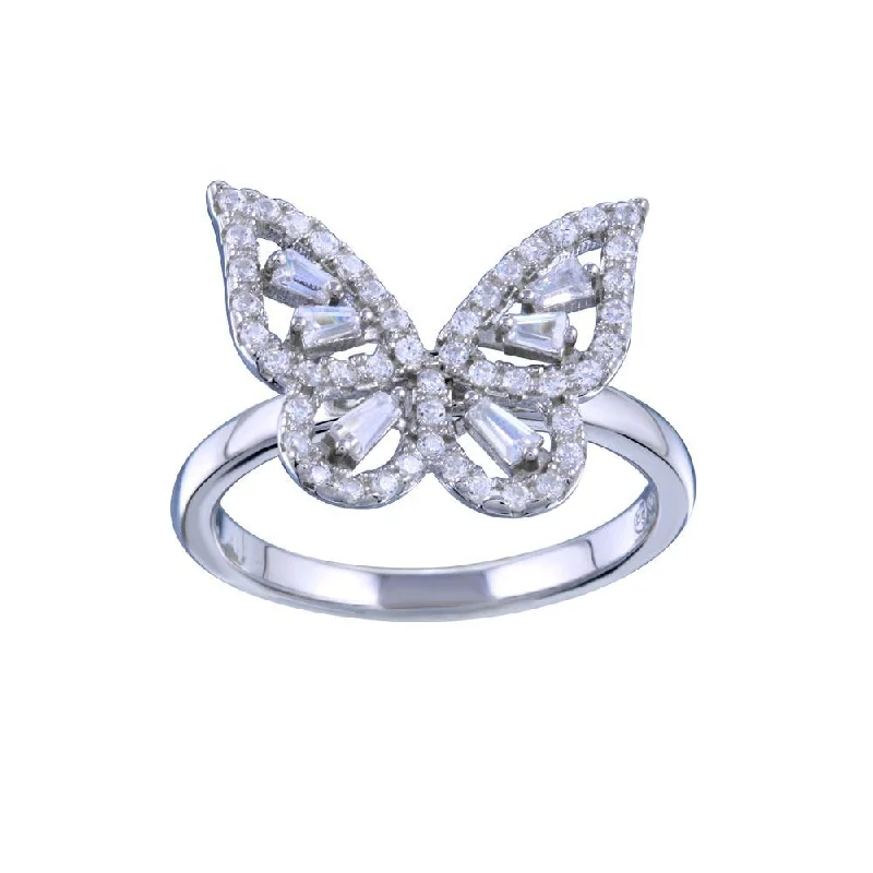 ladies ring carved white gold-Rhodium Plated 925 Sterling Silver Outline Clear CZ Butterfly Ring - BGR01340