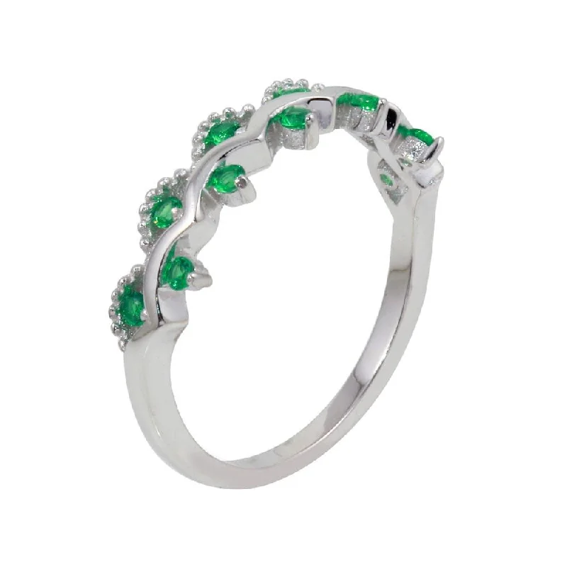 ladies ring name engraved band-Rhodium Plated 925 Sterling Silver Wavy Ring with Green CZ - BGR01239GRN