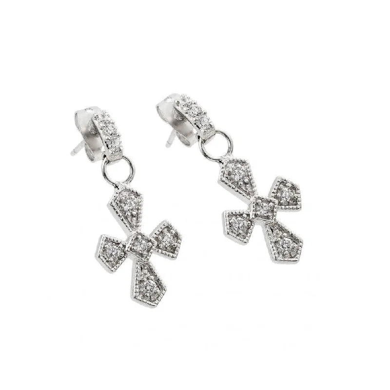 ladies-heart-rose-gold-earrings-Silver Rhodium 925 Plated Cross Clear CZ Inlay Dangling Stud Earrings - BGE00201