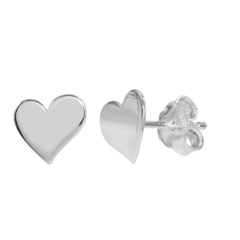 ladies-pearl-drop-earrings-Rhodium Plated 925 Sterling Silver Flat Heart Stud Earrings - SOE00012