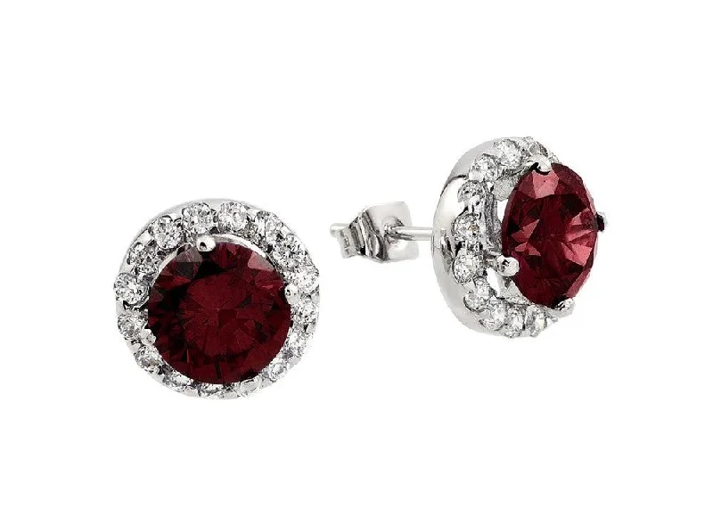 ladies-long-hoop-earrings-Silver 925 Rhodium Plated Round Red CZ Stud Earrings - BGE00368R