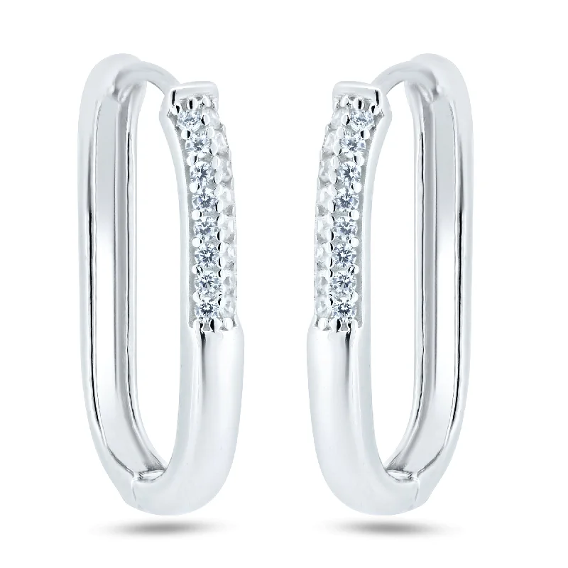 ladies-short-diamond-earrings-Rhodium Plated 925 Sterling Silver CZ Oval Hoop Earrings - GME00124