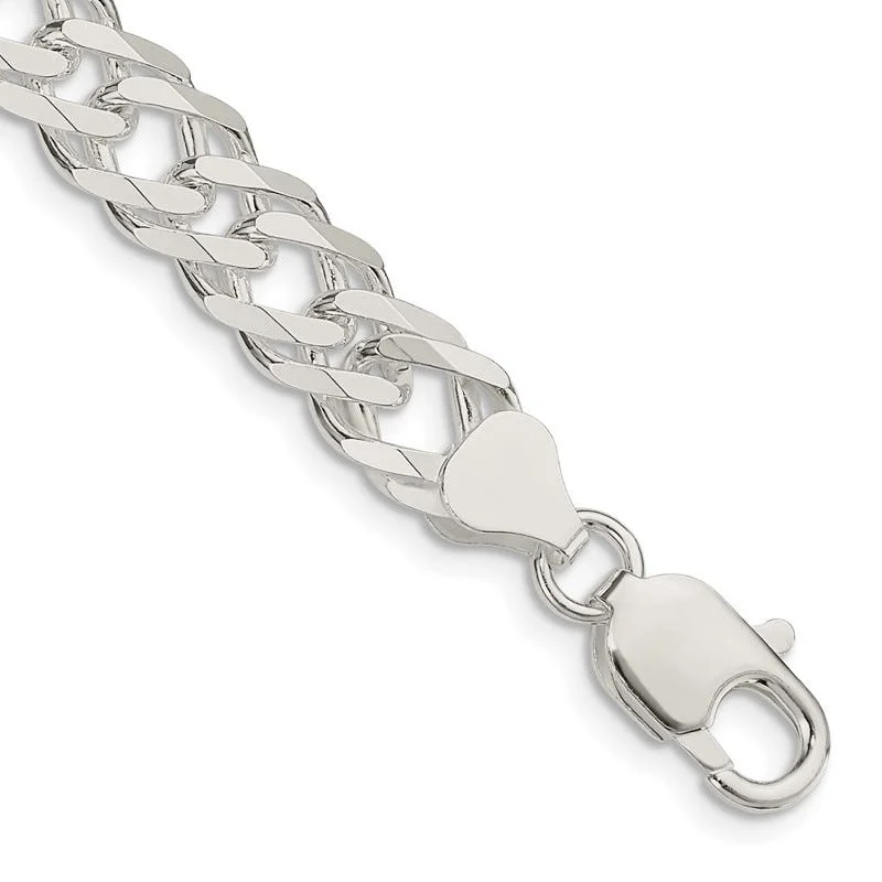 Ladies bracelets for spring -Sterling Silver 7.75mm 6 Side D/C Flat Double Curb Chain Bracelet